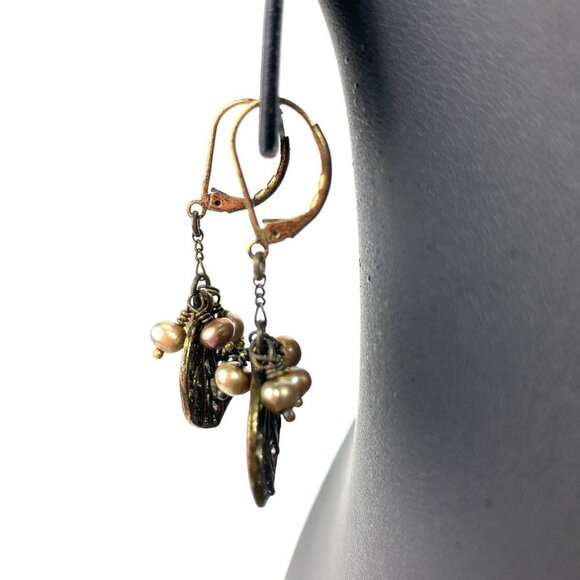 Bronze Tone Filagree Leaf Drop Earrings With Pearl Beads - 1.5"L x 1” - Picture 3 of 4